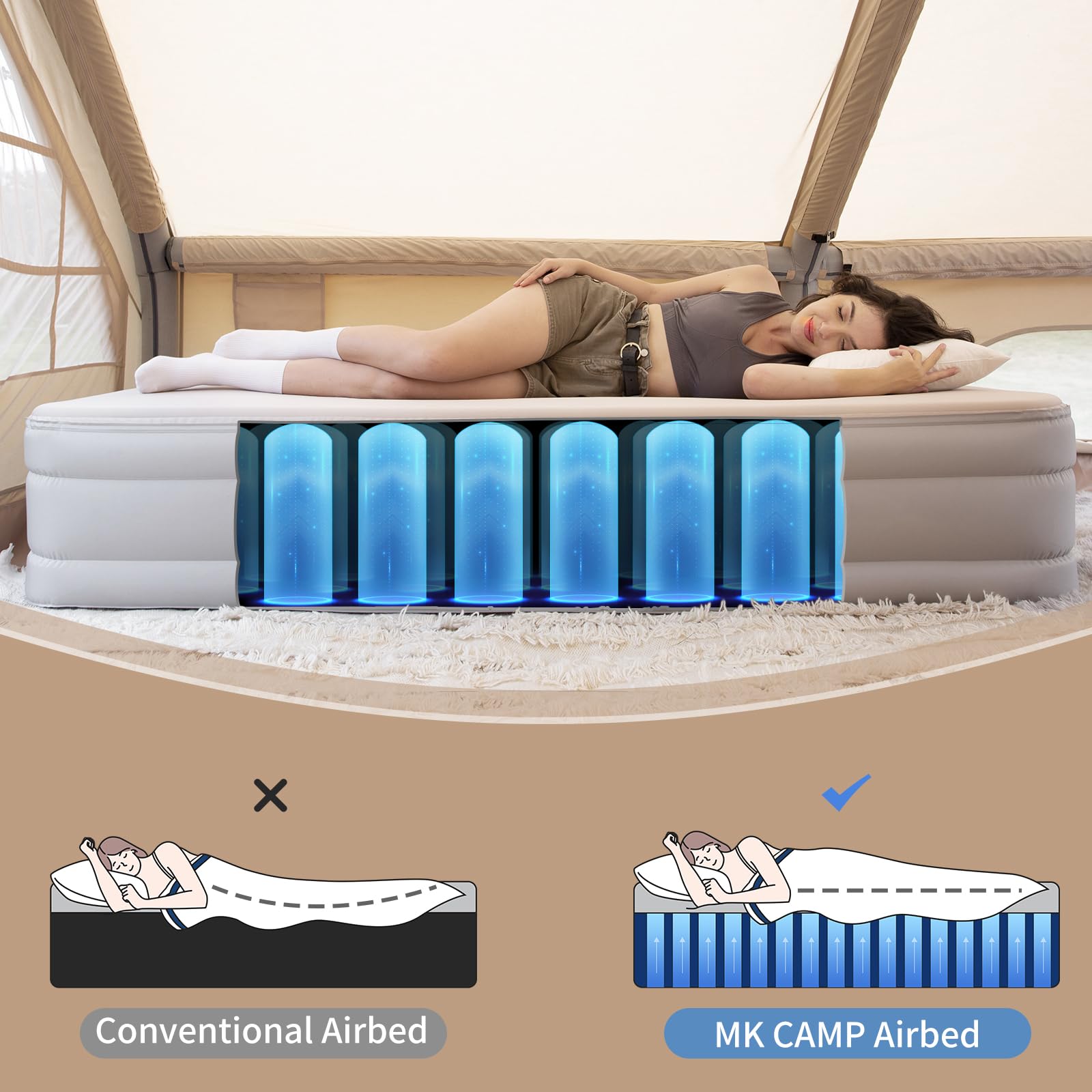 MKCAMP Comfortable Inflatable Double Layer Air Mattress Cloud Bed